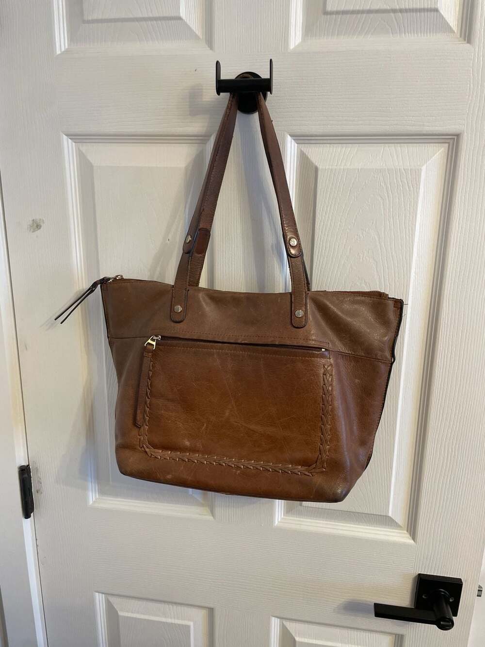 Tommy Bahama Brown Leather Top Zip Tote Bag Purse Double Handles